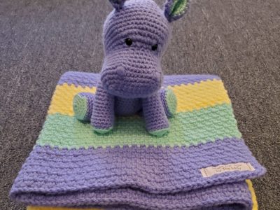 Baby Shower Gift Set - Folded Baby Blanket in Moss Stitch with Stuffed Hippo